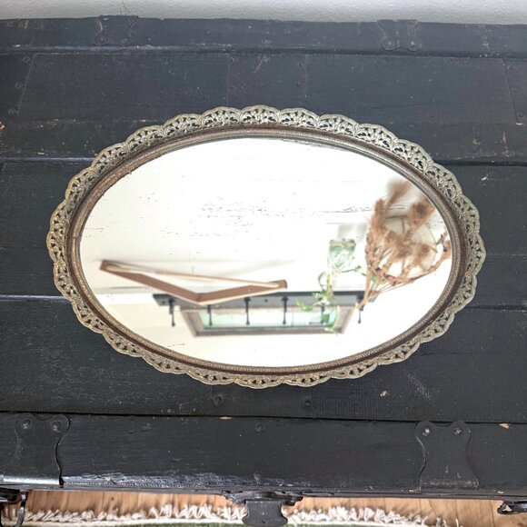 Vintage Ormolu Gold Filigree Oval Vanity Mirror Tray 1960s 1970s Dresser Display - Picture 7 of 9